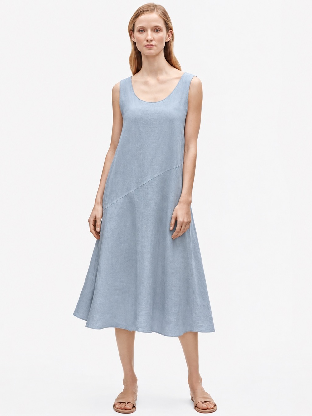 Eileen Fisher Linen Handkerchief Tank Blue Gray Asymmetric Hem Dress Size Med P